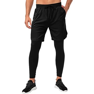 Henniu Calças esportivas masculinas com bolsos 2 em 1 leggings forro shorts atléticos treino roupas esportivas