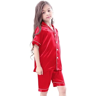 Conjunto de pijama para bebês meninos e meninas conjunto de pijama de cetim de seda infantil manga curta 2 (vermelho, 8-9 anos)