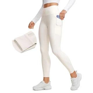 CRZ YOGA Leggings femininas forradas com lã térmica de 63 cm – Calças de caminhada para treino de inverno de cintura alta com bolsos, Damasco branco, G