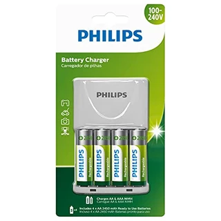 Carregador Philips de pilha recarregável AA e AAA inclui 4 pilhas AA 2.450mAh