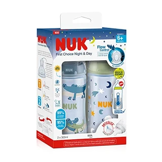 NUK Kit de Mamadeiras Anticólica Dia e Noite com Controle de Temperatura 300ml - Azul