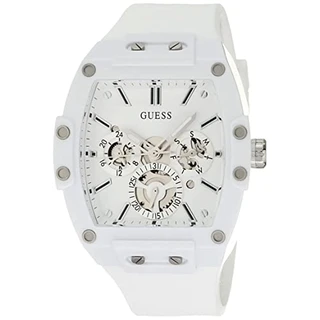 GUESS Relógio masculino casual multifuncional de 43 mm – Caixa de policarbonato branca com mostrador esqueleto branco e pulseira de silicone branca, Branco, Relógio de quartzo