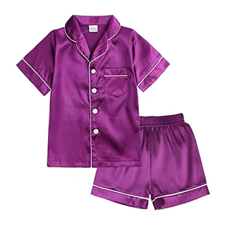 Conjunto de pijama infantil para meninos e meninas de cetim de seda infantil manga curta 2 peças de botão para meninos roupas de páscoa, Roxa, 6-12 meses
