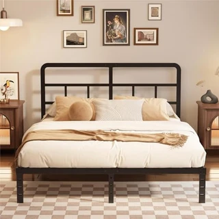 Husleephu Estrutura de cama de casal com cabeceira, estrutura de cama de metal resistente de 30,5 cm, sem necessidade de molas de caixa, sem ruído, fácil de montar, preta