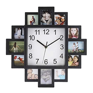 Relógio de parede com moldura de foto, relógio de parede de plástico 2 em 1 + moldura preta moderna decoração de casa decoração de sala de estar cercada por várias molduras de foto para exibir fotos