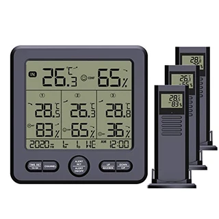 Staright Termohigrômetro digital sem fio interno e externo com 3 sensores remotos retroiluminação de 98 pés / 30m e função de calibração de alarme Monitor de temperatura e umidade com 3 transmissores estações meteorológicas para casa