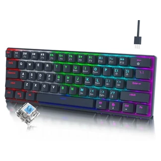 RAZEAK Teclado portátil de 60%, mini teclado mecânico compacto de 61 teclas para PC/Mac Gamer comutável colorido retroiluminado - interruptor azul - preto
