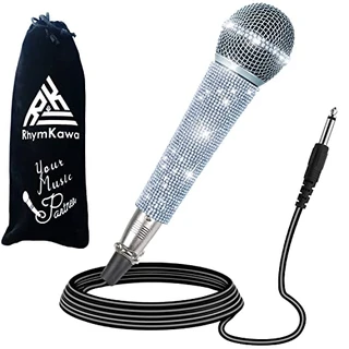 RhymKawa Microfone vocal dinâmico prata cristal para cantar com cabo XLR 3M, microfone branco brilhante com fio com capa de alça brilhante para máquina de karaokê, corpo todo de metal
