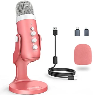 ZealSound Microfone rosa USB para jogos com mudo rápido para telefone, computador, PC, PS5, microfone de estúdio com controle de ganho, ajuste de volume eco e monitor para transmissão de gravação vocal ASMR Podcast Vídeo K66