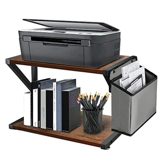 Y&ME YM Suporte de impressora de mesa com bolsa de armazenamento, prateleira organizadora de mesa de 2 níveis, mesa de impressora de madeira rústica com almofadas antiderrapantes ajustáveis, prateleira de impressora sob a mesa para máquina de fax, scanner, arquivos
