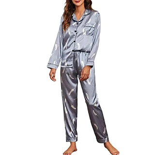Moniss Conjunto de pijama feminino manga comprida cetim macio gola com botões pijamas pijamas