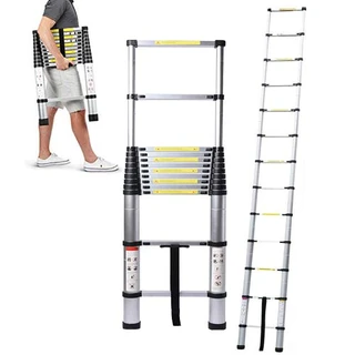 Escada telescópica de alumínio de 3,8 m com extensão DIY de 3,8 m, dobrável, pés de borracha antiderrapante, escada, dobrável, portátil, resistente, 150 kg, capacidade máxima EN131 certificada