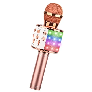 ShinePick Microfone Karaoke Bluetooth, 4 em 1 microfone sem fios karaokê portátil com luzes LED para crianças, manta de jogo música, compatível com Android/iOS PC, AUX ou Smartphone (ouro rosa)