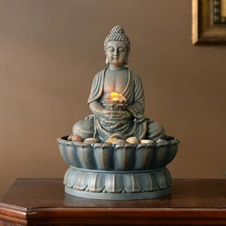 Kalona Fonte de mesa de 24,4 cm Requintada Sorriso Sentado Buda Fonte de Água de Mesa Fonte Zen Decorativa com Iluminação Reflexiva/Decoração de Escritório e Casa de Paralelepípedos (21125A)