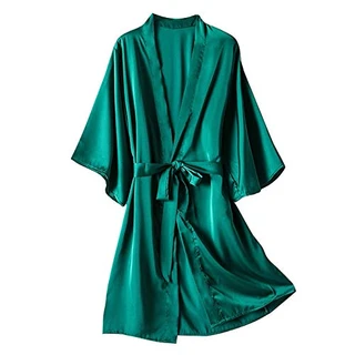 Conjunto de pijama feminino de seda lingerie roupões sexy feminino cetim camisola pijama roupa íntima, Verde, M