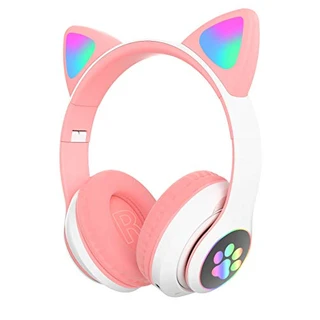 Fone de ouvido gatinho Cat ear Headphone bluetooth (Rosa/Branco)