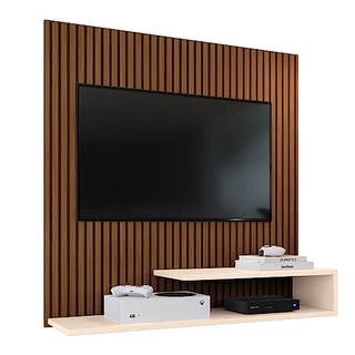 Estante Painel Parede 90 cm Smart New TV 32 Polegadas Prateleiras Organizadoras Sala Quarto Pequeno Moderno - RPM (Ripado/Off White)