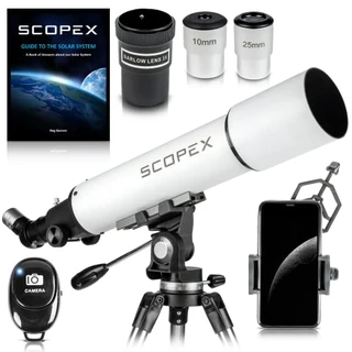 Scopex Telescópio de 90 mm de abertura, telescópios para adultos profissionais de astronomia, refrator astronômico AZ, telescópio para crianças de 8 a 12 anos, adaptador de telefone, dois localizadores, controle remoto Bluetooth, capa.