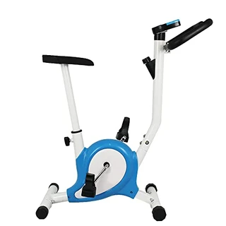 Bicicleta Ergométrica Mile Fitness Vertical com Monitor 5 Funções, Ajuste de Altura, Regulagem de Resistência, Azul e Branca