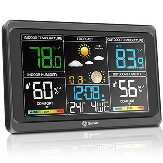 Geevon Weather Station Termómetro sem fios para interiores e exteriores, Termómetro meteorológico digital com visor a cores, barómetro, calendário, carregamento USB e retroiluminação ajustável