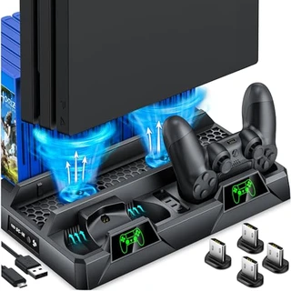 Suporte para PS4 com ventoinha de resfriamento para PS4 Slim/PS4 Pro/PlayStation 4, suporte vertical para PS4 com estação de carregamento de controle duplo e armazenamento de 16 jogos, suporte organizador para PS4 com armazenamento de jogos e acessórios para PS4