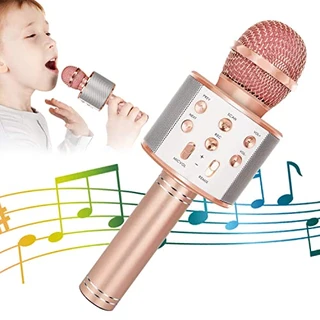 KIDWILL Microfone de karaokê Bluetooth sem fio para crianças, 5 em 1 portátil, alto-falante de karaokê, gravador com rádio FM Remix ajustável para crianças, meninos, adolescentes, aniversário (858-ouro rosa)