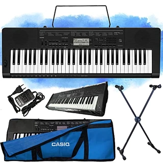 Kit Teclado Musical Iniciante CTK-3500 USB Controlador 5/8 61 Teclas Sensíveis Completo Capa Azul