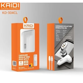 Carregador Veicular para Iphone PD USB-C Lightning KAIDI KD-304CL Turbo 38W Carregamento Rápido 3 Saidas