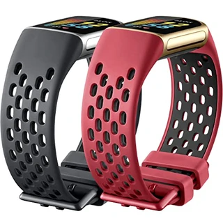 Maledan Pulseira esportiva compatível com Fitbit Charge 5 para mulheres e homens, pulseira super respirável acessórios de substituição para Fitbit Charge 5 Advanced Fitness Tracker, vermelha e preta, grande