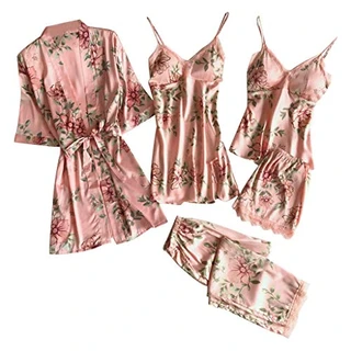 Conjunto de pijama feminino de cetim de seda – roupão de banho de renda com shorts de cetim azul-petróleo, rosa, GG