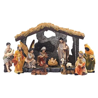 Mini presépio Natal – 12 peças inclui manjedoura e 8 estatuetas - figuras presépio resina da vida real para decorações Natal para decorações internas Natal