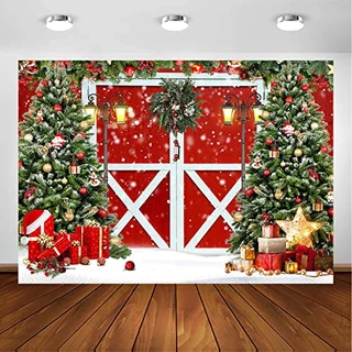 Avezano Pano de fundo de fotografia de Natal rústico vintage madeira vermelho porta de celeiro fundo fotográfico árvores de Natal férias retrato de família fundo de estúdio fotográfico adereços de cabine (2,4 x 1,8 m)