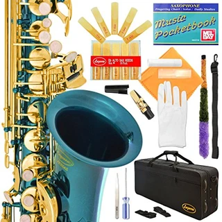 Lazarro Saxofone alto Eb Alto Saxofone Profissional Sea Blue Body Gold Keys E-flat com 11 palhetas, estojo, livro de música, bocal e muitos extras, 360-SB