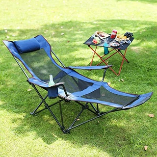 CAMP SOLUTIONS Cadeira de acampamento, cadeira de acampamento reclinável com apoio para os pés, cadeiras de praia para adultos com apoio para os pés, encosto de cabeça e bolsa de armazenamento, apoio